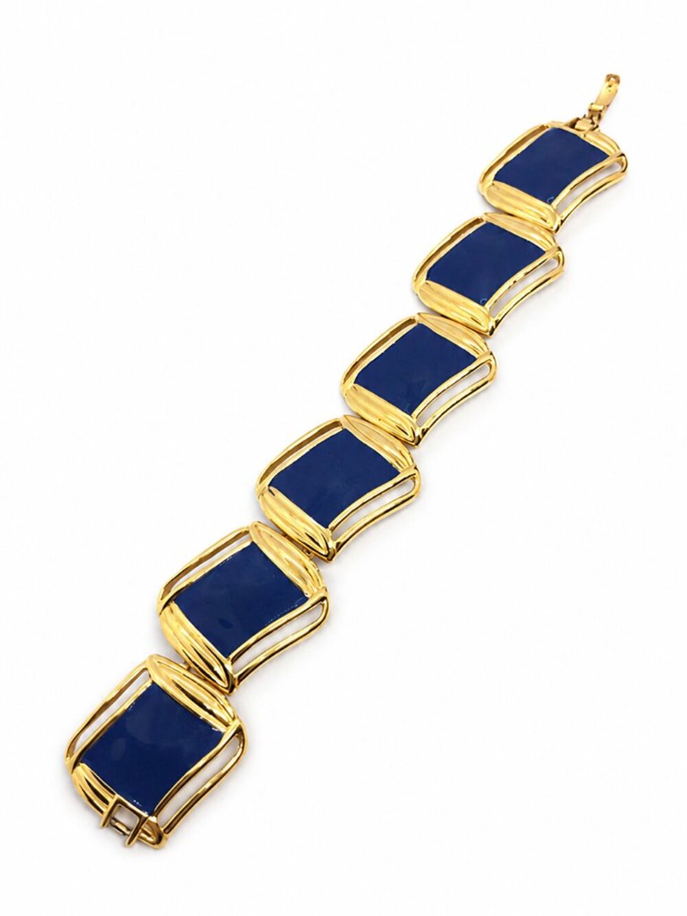 VINTAGE MONET BRACELET Blue Enamel Panel Gold Tone Link Signed 80s